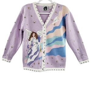 Vintage Storybook Knits Purple Multicolored Embellished Knit Cardigan Women’s S